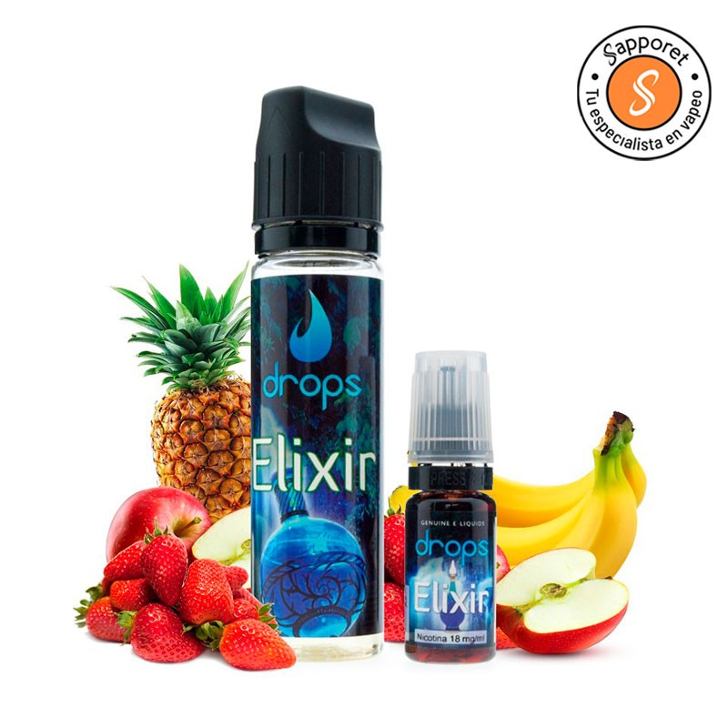 elixir es un delicioso líquido para vapear con platano, fresa, piña y manzana, perfecto para tu cigarrillo electrónico.